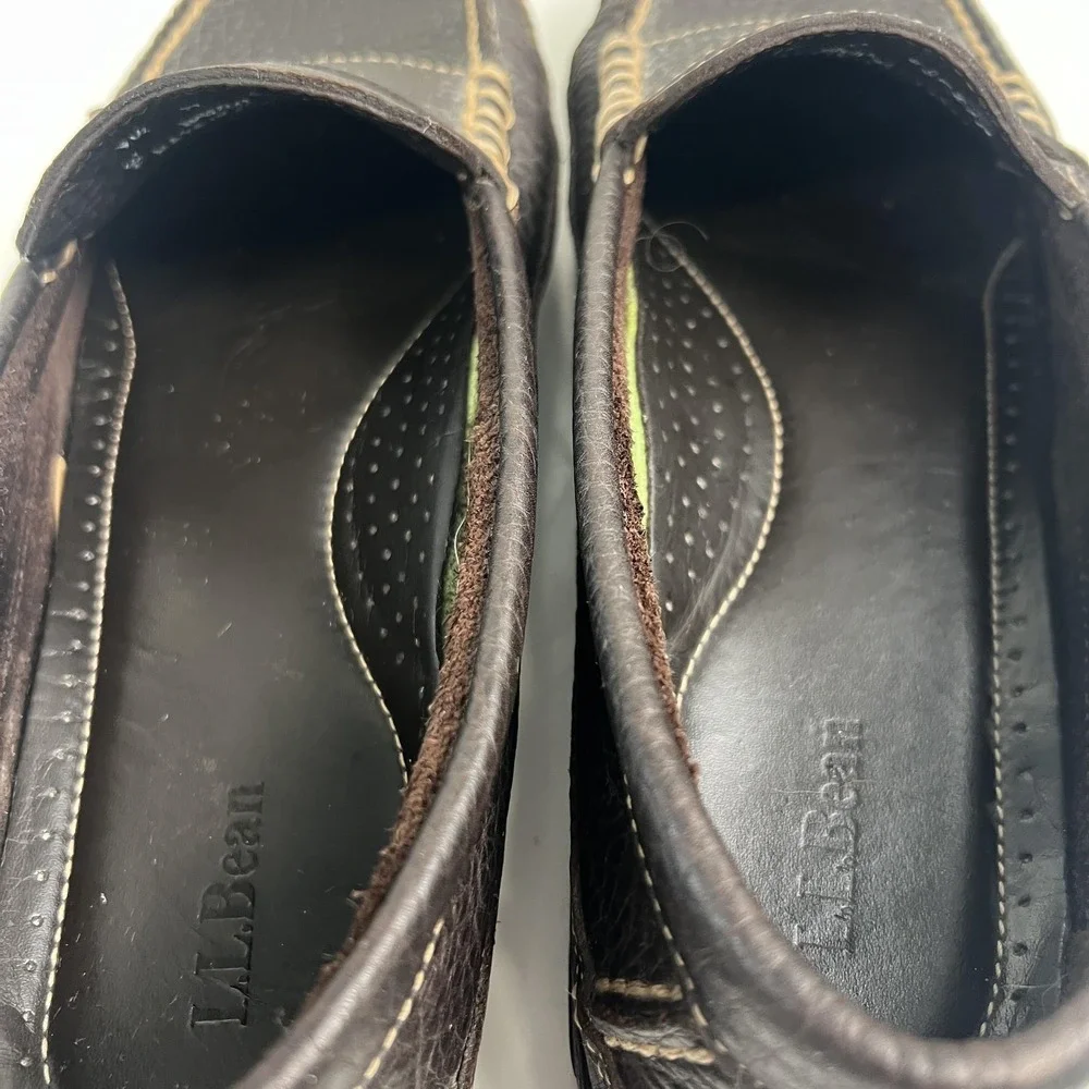 LL Beans Allagash Bison Leather Boat Moc Penny Loafers Mens Size 9.5 D Brown